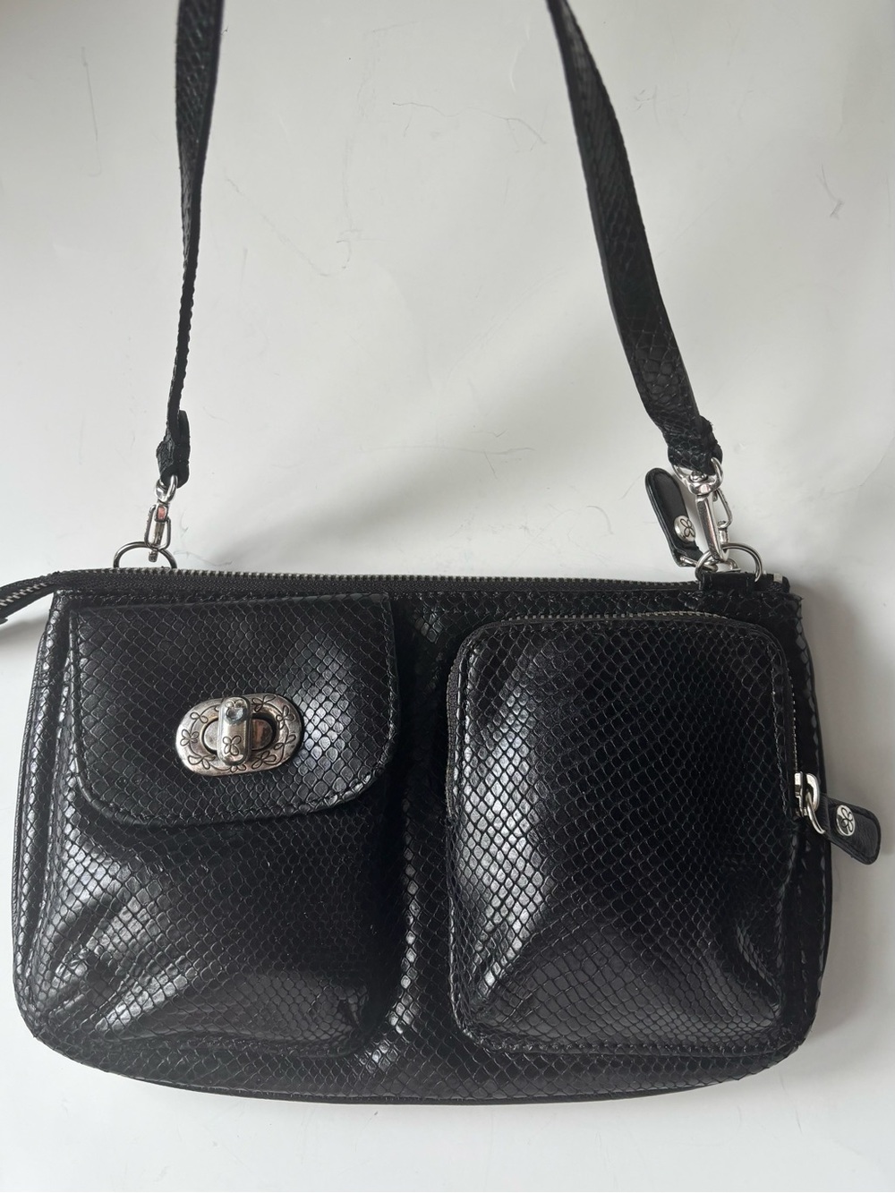 Brighton Black Textured Shoulder Bag with Front Pockets